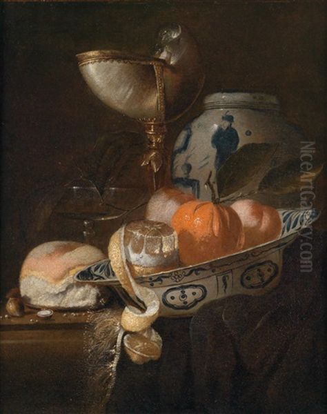 Stillleben Mit Nautiluspokal, Einer Chinesischen Vase Und Einer Wanli-schale Mit Einer Halbgeschalten Zitrone Und Anderen Zitrusfruchten Oil Painting by Juriaen van Streeck