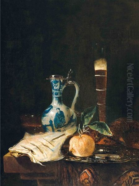 Still Life With A Delft Jar, A Flute Of Beer And An Orange Oil Painting by Juriaen van Streeck