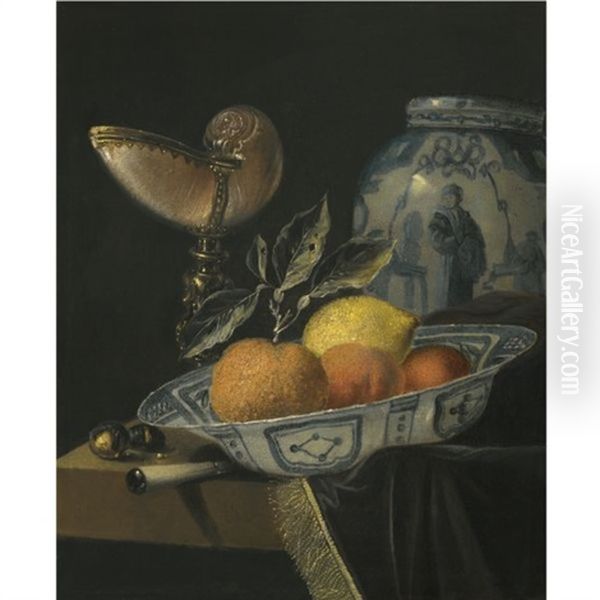 A Still Life Of An Orange, A Lemon And Two Peaches In A Wan-li Porcelain Bowl On A Table With A Fringed Carpet And A Nautilus Cup Oil Painting by Juriaen van Streeck