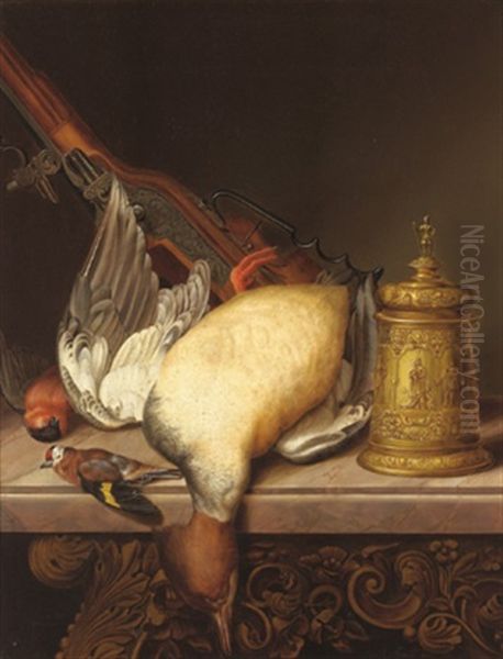 Jagdstilleben Mit Erlegtem Wild (+ Jagdstilleben Mit Deckelhumpen Und Einem Gewehr; Pair) Oil Painting by Michael Streibl