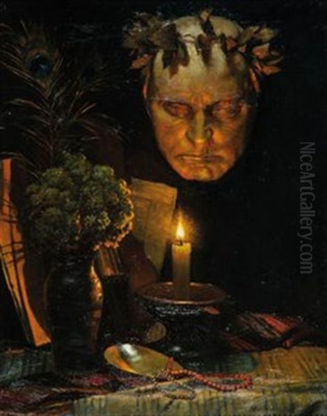 Atmospharisches Stillleben Mit Totenmaske Und Kerze Oil Painting by Ludwig Louis Streitenfeld