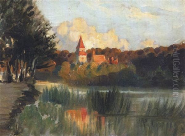 Turm Und Hauser In Einer Flusslandschaft Oil Painting by Ludwig Louis Streitenfeld