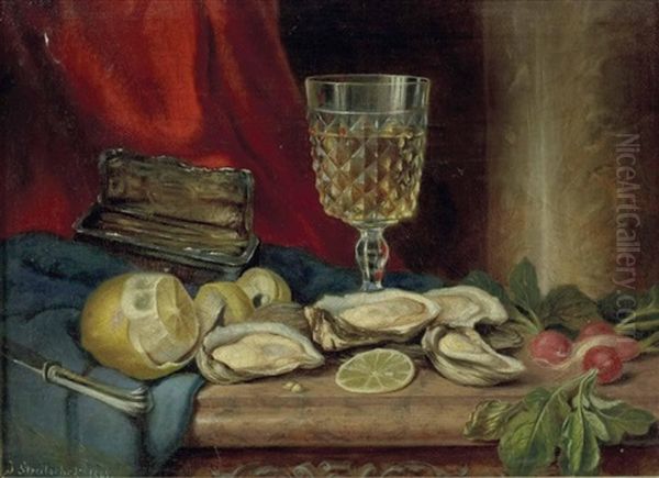 Stillleben Mit Muscheln, Zitrone Und Glas Wein Oil Painting by Johann Streitscheck