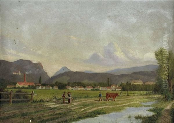 Voralpenlandschaft Mit Fabrik, Hausern Und Figurenstaffage Oil Painting by Johann Streitscheck