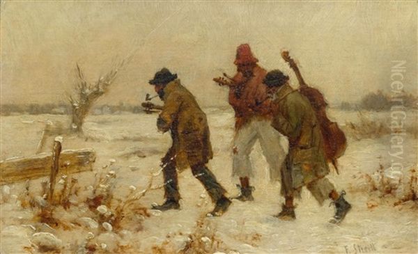 Musicians In The Snow Oil Painting by Franciszek Streitt