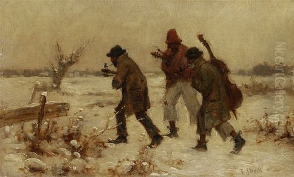 Winterlandschaft Mit Strassenmusikanten Oil Painting by Franciszek Streitt