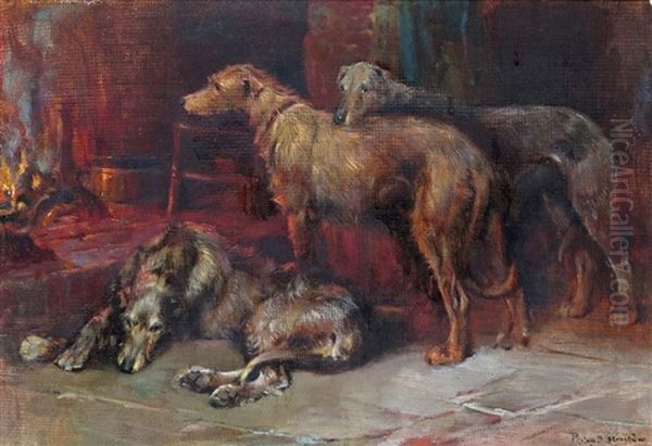 Deerhounds By A Fire Oil Painting by Philip Eustace Stretton