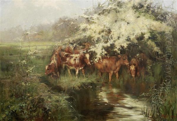 Calves Under Hawthorn Blossom Oil Painting by Philip Eustace Stretton