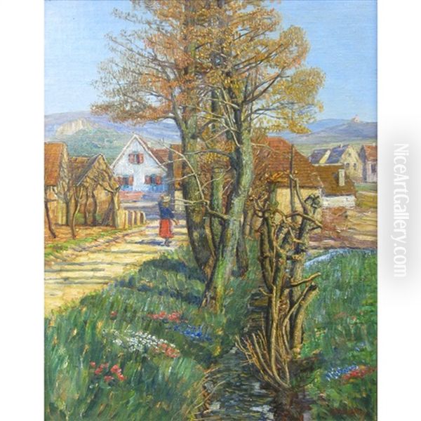 Village By A Brook, A Mountainous Landscape In The Distance Oil Painting by Heinrich Strieffler