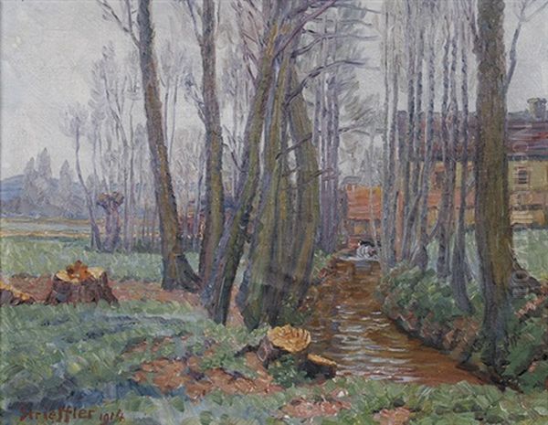 Landschaft Mit Bachlein Zwischen Zwei Baumreihen Oil Painting by Heinrich Strieffler