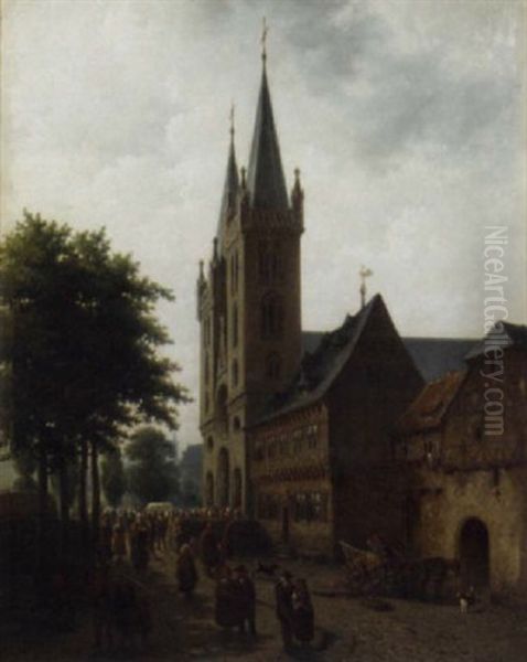 A Congregation Leaving Church, Germany Oil Painting by Jan Striening