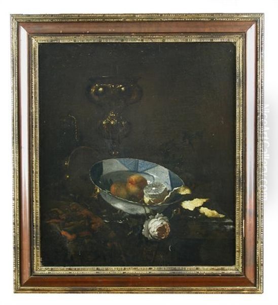 Still Life Of A Wanli Kraak Bowl With A Peeled Lemon, Peaches And A Rose On A Marble Ledge, In Front Of A Goblet All Upon A Turkey Rug Oil Painting by Christian Striep