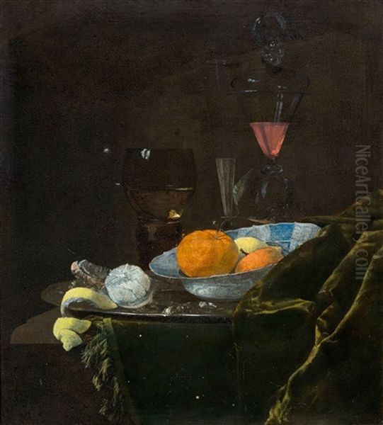 Still Life With Citrus Fruits And Wine Glasses On A Table Oil Painting by Christian Striep