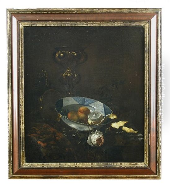 Still Life Of A Wanli Kraak Bowl With A Peeled Lemon, Peaches And A Rose On A Marble Ledge, In Front Of A Goblet All Upon A Turkey Rug Oil Painting by Christian Striep