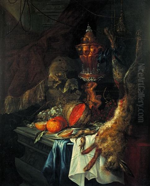 Nature Morte Aux Hanap, Fruits Et Lievre Sur Un Entablement Oil Painting by Christian Striep