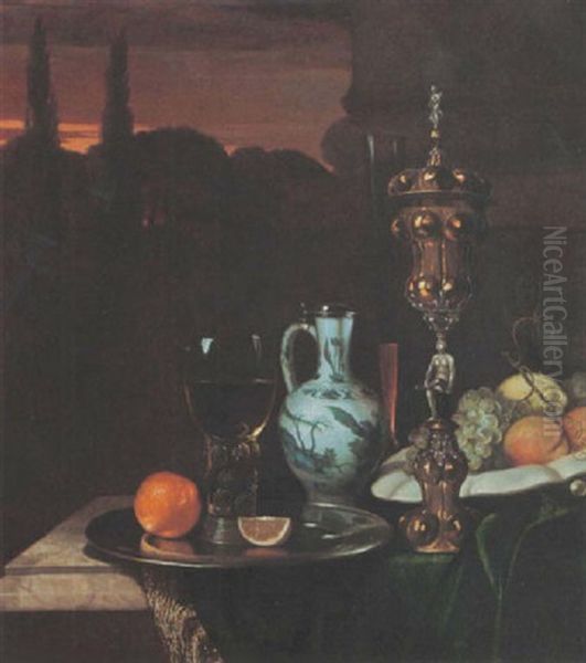 A Still Life With A Silver Gilt Standing Cup And Cover, The Stam In The Form Of A Sitting Lady, An Orange And A Roemer On A Silver Plate Oil Painting by Christian Striep