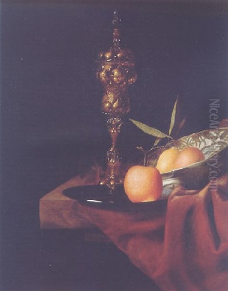 A Gilt Cup And Cover, A Lemon And An Orange In A Wan-li Dish, An Orange On A Pewter Plate And A Roemer On A Marble Ledge Oil Painting by Christian Striep