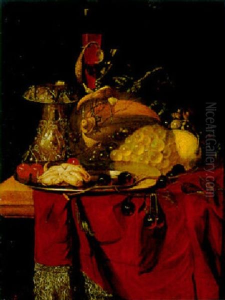 Still Life With Grapes, Cherries, A Melon, Two Glasses And Other Objects On A Ledge Oil Painting by Christian Striep