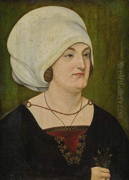 Portrait Of A Lady, Bust-length, In A Gold Embroidered Black Dress And A White Headdress, Holding A Sprig Of Nightshades And Forget-me-nots by Bernhard Strigel