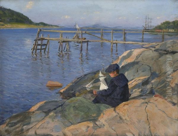 Boy With Sailboat Oil Painting by Jakob Bratland