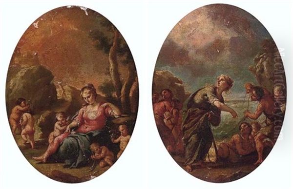 A Goddess Surrounded By Putti (+ A Goddess With Fisherman; Pair) Oil Painting by Francesco Stringa