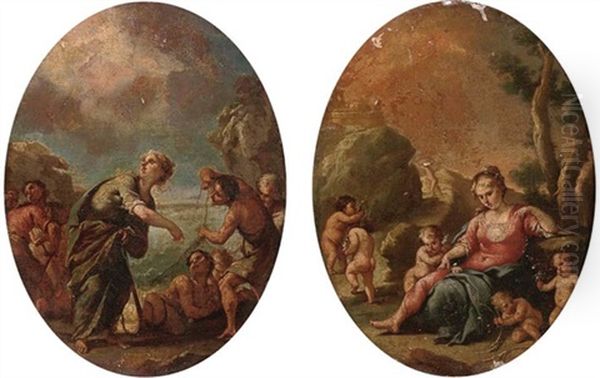 A Goddess Surrounded By Putti (+ A Goddess With Fisherman; Pair) Oil Painting by Francesco Stringa