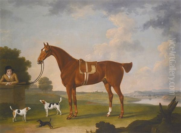 Thomas Egerton's Chestnut Hunter With A Groom And Two Hounds And A Terrier In A River Landscape Oil Painting by Thomas Stringer