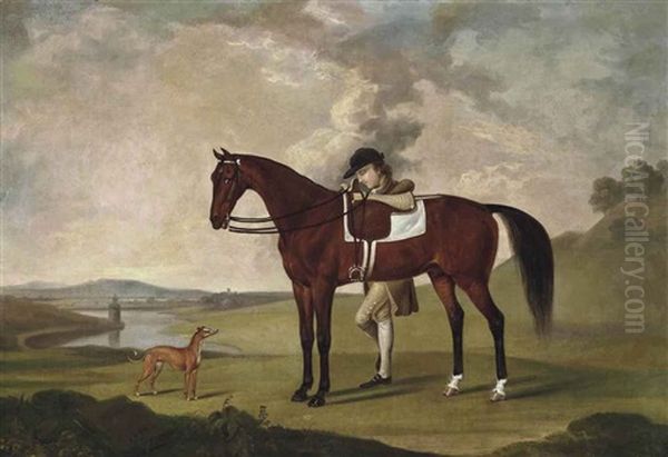 A Groom With A Saddled Bay Hunter And Whippet, In An Extensive Landscape Oil Painting by Thomas Stringer