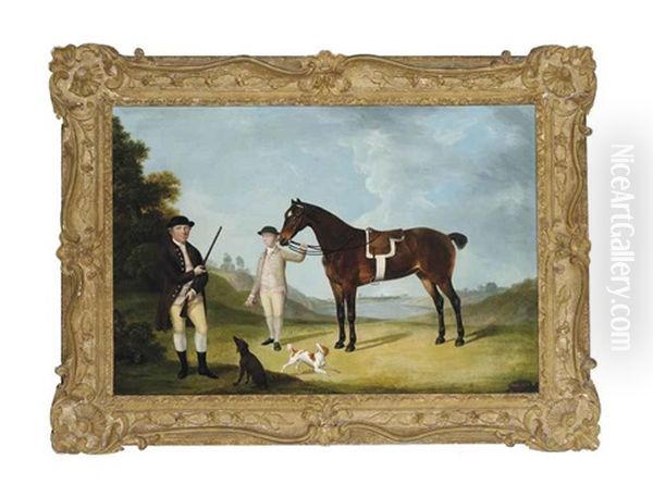 A Gentleman And His Hounds In An Extensive Landscape, His Groom Holding The Reins Of His Chestnut Hunter Oil Painting by Thomas Stringer