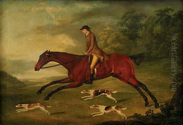 An Equestrian Portrait Of A Gentleman, Traditionally Identified As Mr. Heron, Mounted On A Bay Hunter, With Hounds In A Landscape Oil Painting by Thomas Stringer