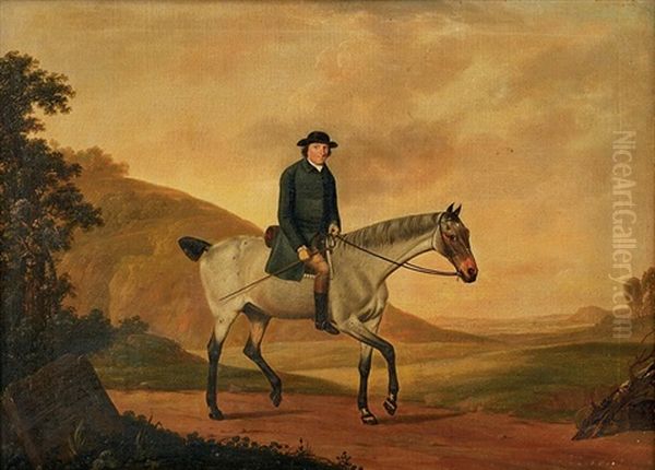 Portrait Of Richard Davenport Up On His Roan Mare In A Landscape Oil Painting by Thomas Stringer