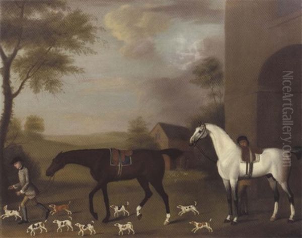 Two Hunters And Their Grooms Accompanied By Hounds Oil Painting by Thomas Stringer