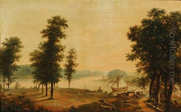 Summerlandscape With Shipbuilding At The River Shore Oil Painting by Christian Strodtmann