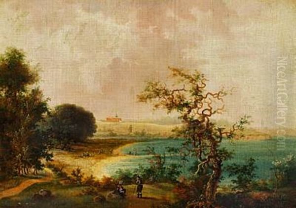 A View Of A Manor House (+ A Couple Near The Sea, In The Background A Manor House; Pair) Oil Painting by Christian Strodtmann