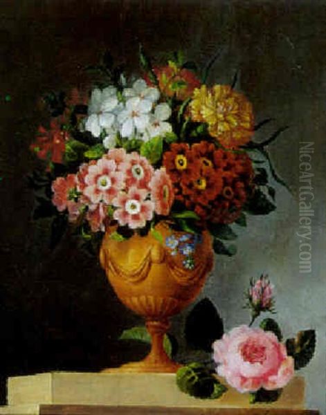 Opstilling Med Brogede Blomster I En Vase Pa En Karm Ved Vasens Fod En Lyserod Rose Oil Painting by Christian Strodtmann