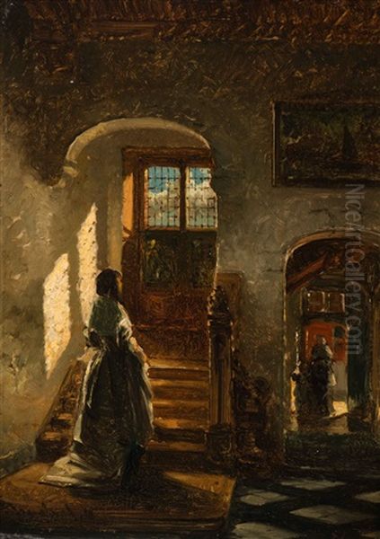 A Young Lady Standing By A Staircase Oil Painting by Johannes Antoine Balthasar Stroebel