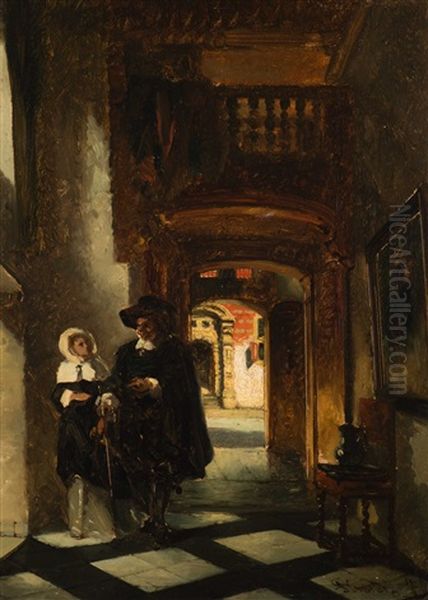 A Lady And A Gentleman In The Hall Of A Patrician House Oil Painting by Johannes Antoine Balthasar Stroebel