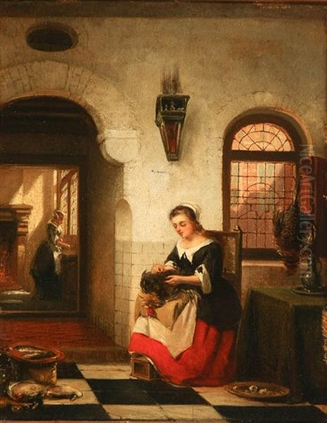 Interior Domestic Scenes: A Pair Of Works Oil Painting by Johannes Antoine Balthasar Stroebel