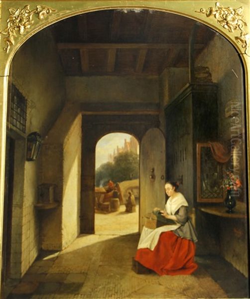 An Interior With A Woman Seated By An Open Door Arched Top Oil Painting by Johannes Antoine Balthasar Stroebel