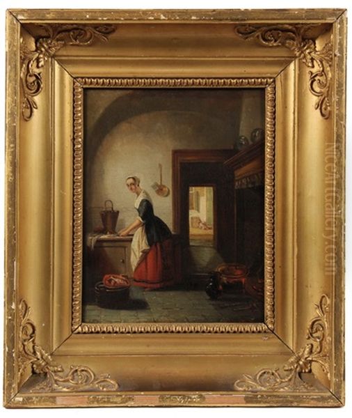 Maid At Work In Kitchen Oil Painting by Johannes Antoine Balthasar Stroebel