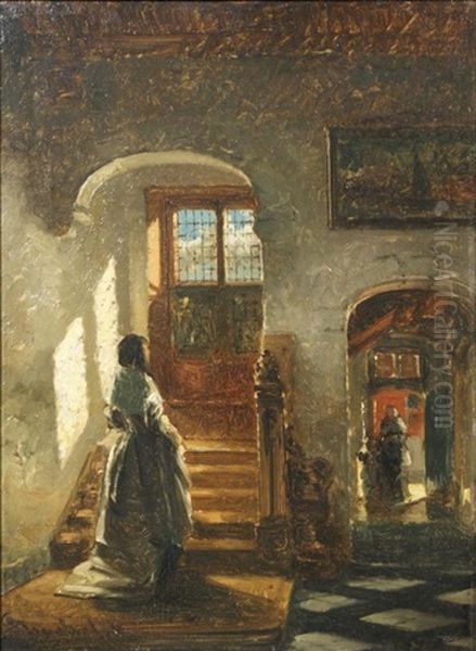 Lady At The Foot Of The Stairs Oil Painting by Johannes Antoine Balthasar Stroebel