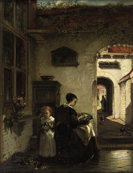 Mother And Daughter In The Courtyard Oil Painting by Johannes Antoine Balthasar Stroebel