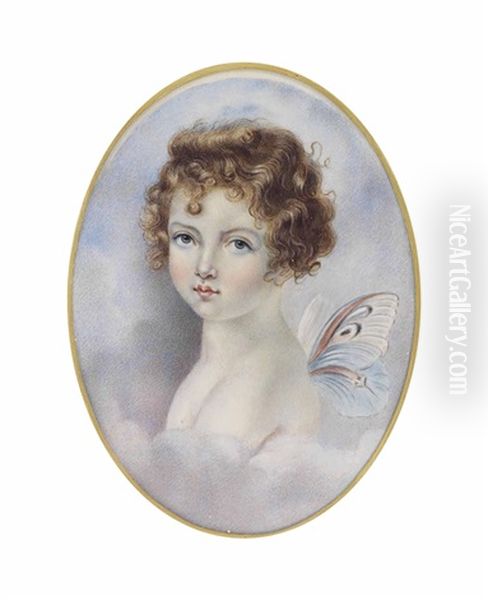 Henrietta Graves, Nee Wellesley (d. 1898), As A Child, Depicted As Zephyrus, The Greek God Of The West Wind, Butterfly Wings At Her Back, Enveloped By Clouds Oil Painting by Eduard (Peter Eduard) Stroehling