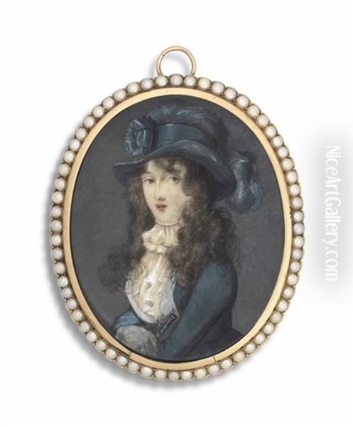 A Young Lady, In Blue Riding Habit With A Crop In Her Gloved Right Hand, White Frilled Blouse, Wearing A Blue Hat Adorned With Ostrich Feather And Rosette Oil Painting by Eduard (Peter Eduard) Stroehling