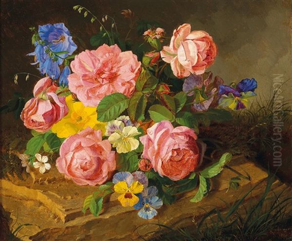 A Forest Floor Still Life With Roses Oil Painting by Antal Jozsef Strohmayer