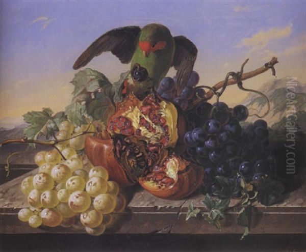 Nature Morte Aux Raisins, Grenade Et Perroquet Oil Painting by Antal Jozsef Strohmayer