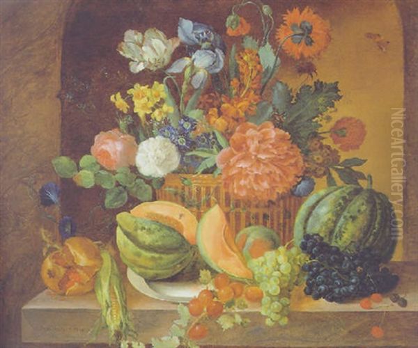 Groses Blumen- Und Fruchtestilleben In Nische Oil Painting by Antal Jozsef Strohmayer