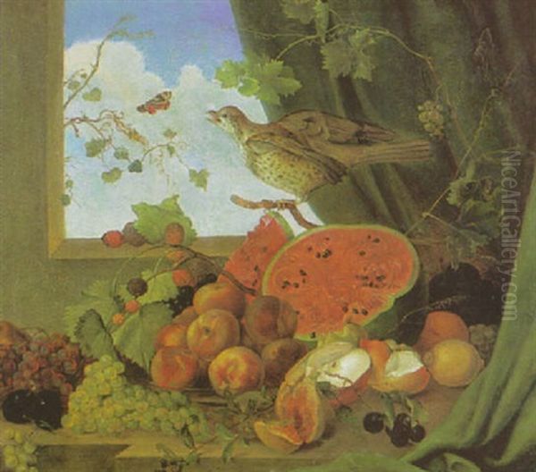 Fruchtestilleben Mit Vogel Und Schmetterling An Der Fensterbrustung Im Hintergrund Oil Painting by Antal Jozsef Strohmayer