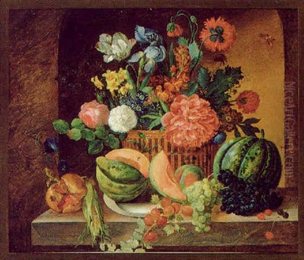 Stilleben Von Blumen Und Fruchten Oil Painting by Antal Jozsef Strohmayer