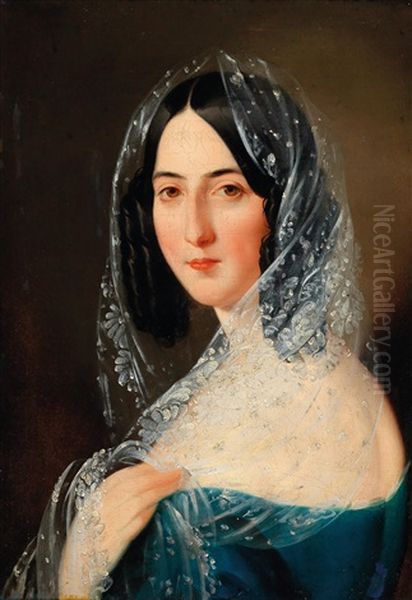 Portrait Of A Lady With White Lace Veil Oil Painting by Mihael Stroj